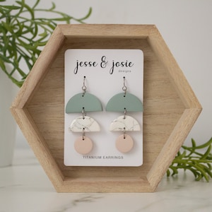 Handmade Titanium Earrings w/ Polymer Clay Dangle | Hypoallergenic Semi Circle Statement Earrings for Women | Unique Boho Bohemian Jewelry