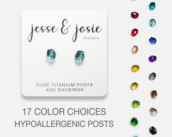 Titanium Stud Earrings w/ Resin Gemstones | Tiny Hypoallergenic Post Birthstone Studs for Women Girls | Small Earrings Gift for Her Under 20