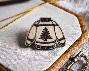 Laser Engraved Birch Christmas Sweater Pin: Collectable Xmas Brooch