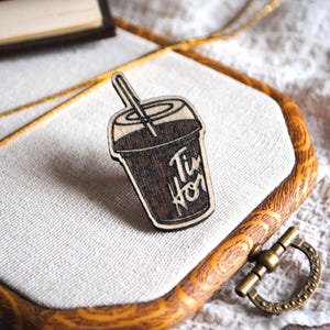 Iced Coffee Treat Pin | Canadian Drink Brooch | Wooden Laser Engraved | Collectable