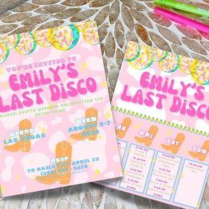 Disco Cowgirl Bachelorette Invite, Itinerary and Packing List Template | Instant Download Retro Bachelorette Stationary Templates