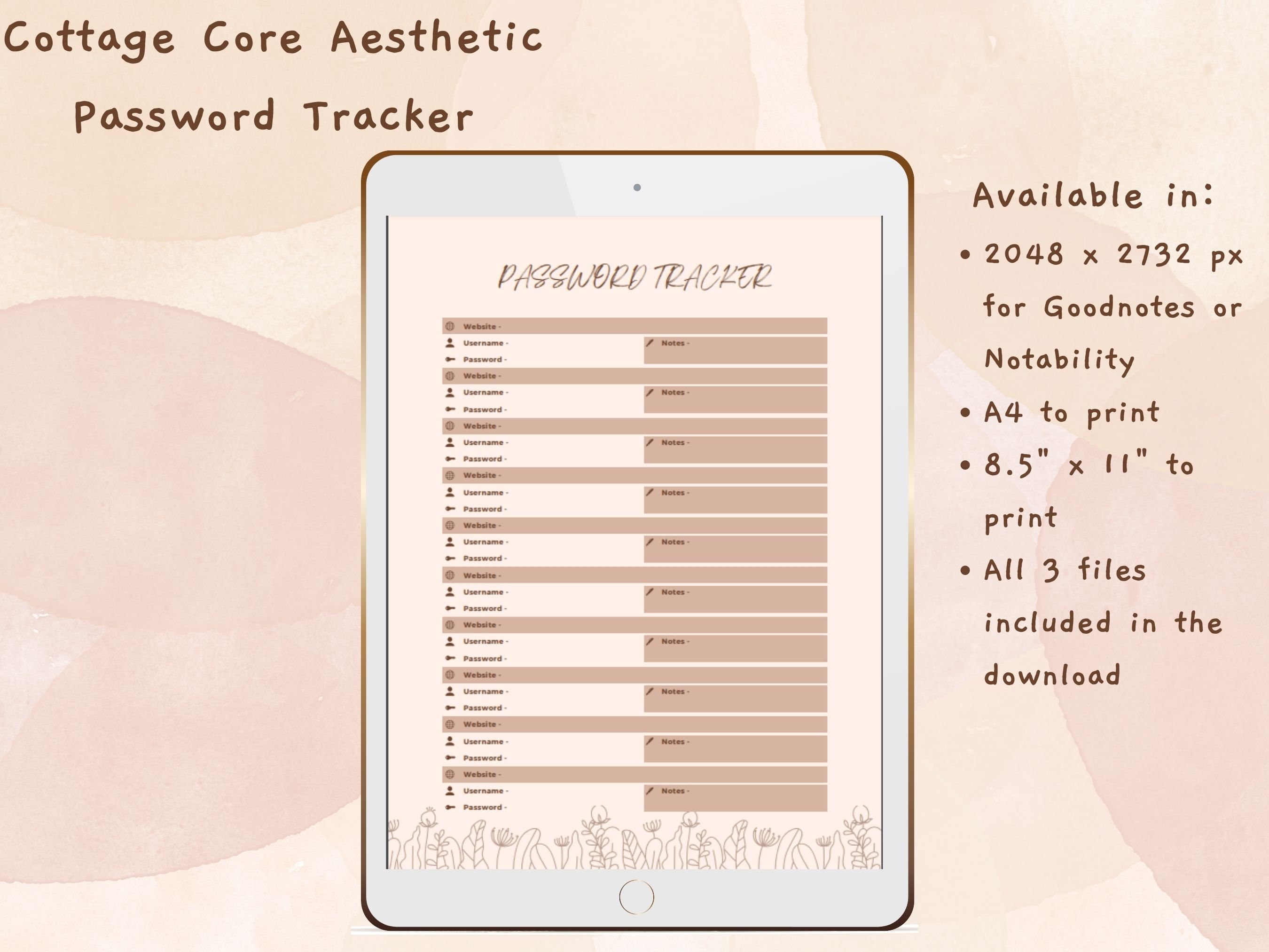 Cottagecore Aesthetic Password Tracker for (Instant Download) Etsy