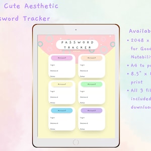 May include: A digital planner template for tracking passwords. The template has a pastel aesthetic with pink, yellow, and blue colours. It includes three pages with sections for account name, login, password, and notes. The template is available in three sizes: 2048 x 2732 pixels for Goodnotes or Notability, A4, and 8.5 x 11 inches.