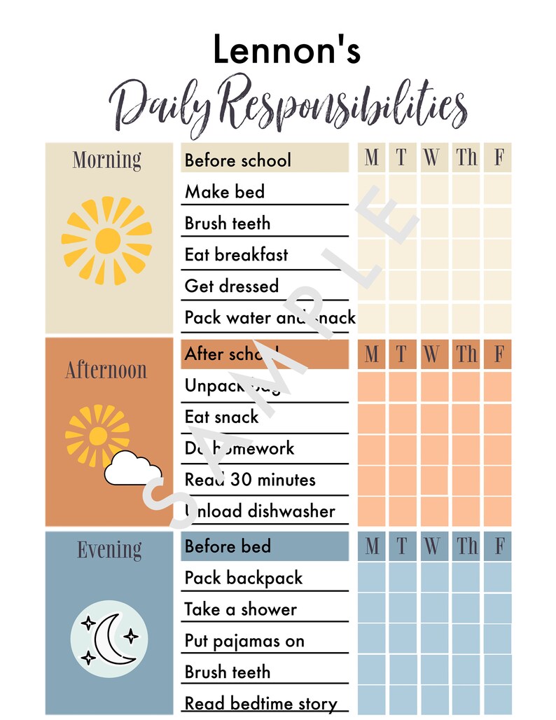Kid's Daily Responsibility Checklist, Printable, Editable, Chore Chart ...