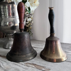 Antique Large or Medium Brass School Bell with Wood Handle