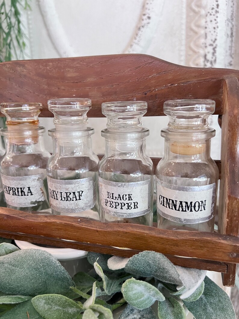Vintage Spice Rack With Glass Bottle With Stoppers Etsy