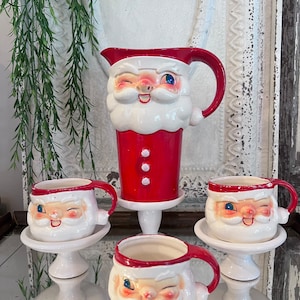 Vintage Holt Howard 4 Piece Santa Pitcher and Mugs Set