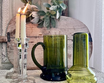 Mid Century Vintage Hand Blown Pitcher w. Ice Insert Avocado Green