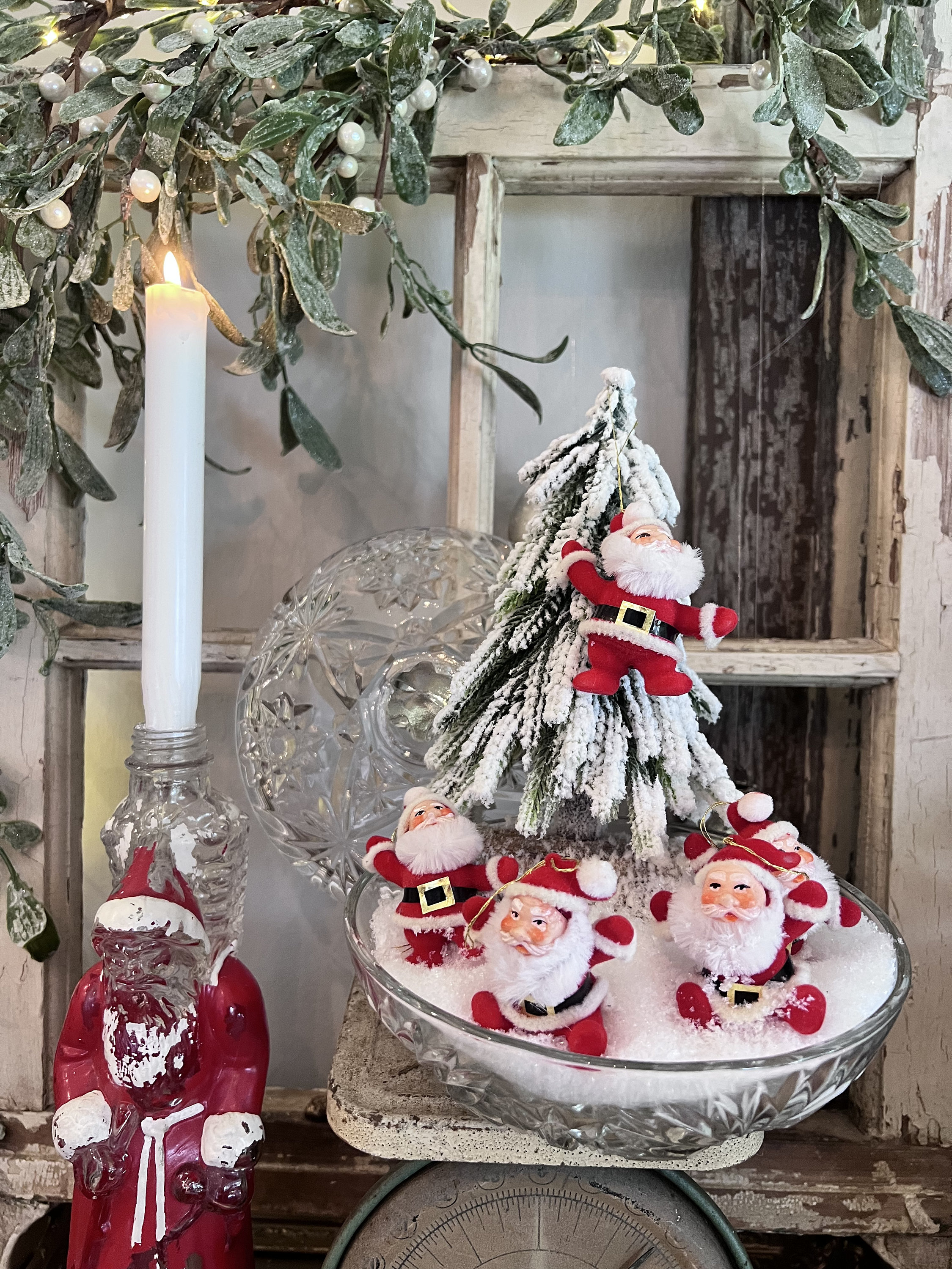 Vintage Flocked Santa Claus Display With Lidded Bowl and Snow. - Etsy
