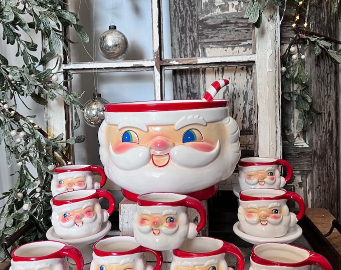 Vintage Holt Howard Santa Punch Bowl With 9 Mugs and Ladle Etsy