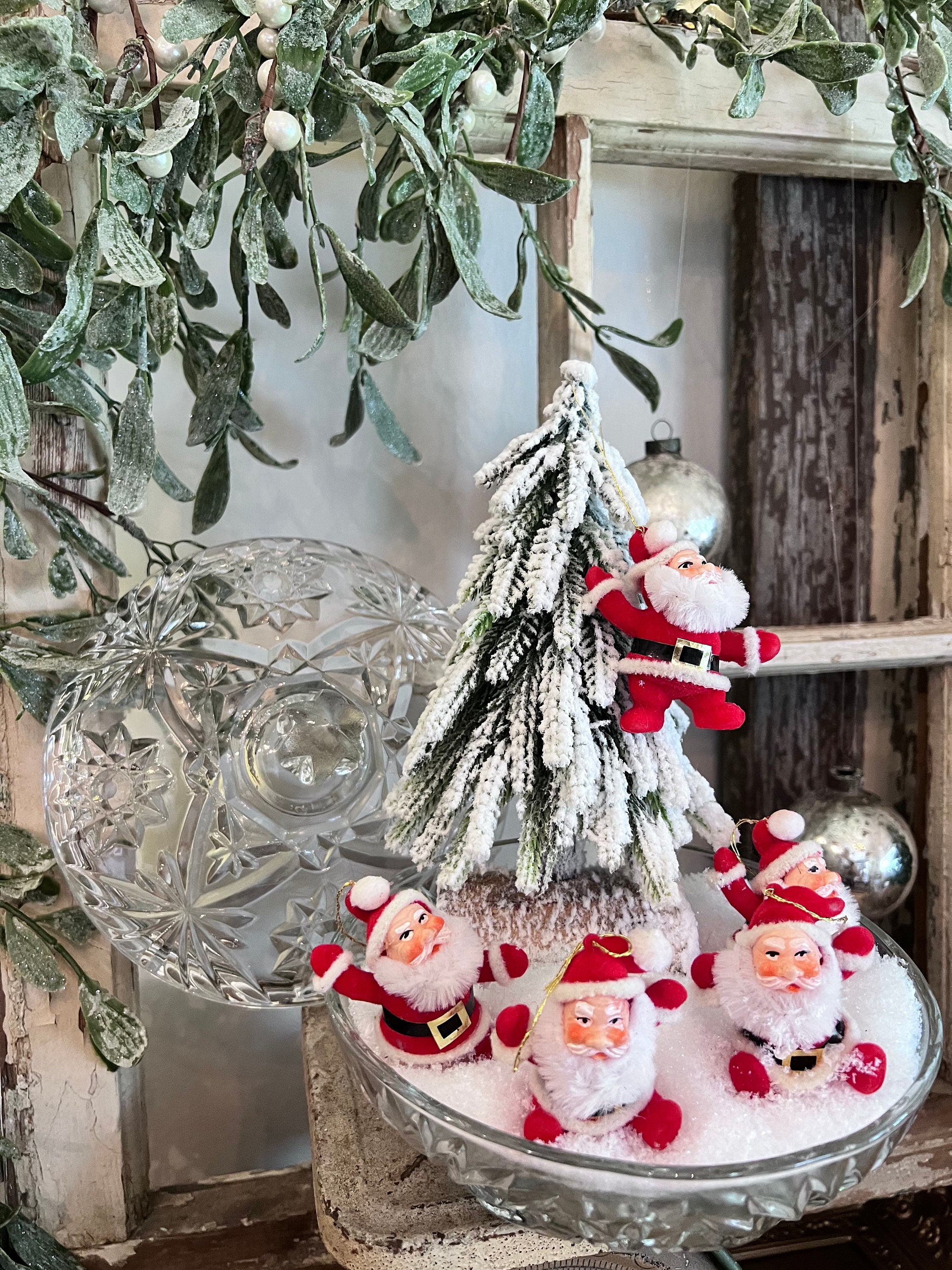 Vintage Flocked Santa Claus Display With Lidded Bowl and Snow. - Etsy