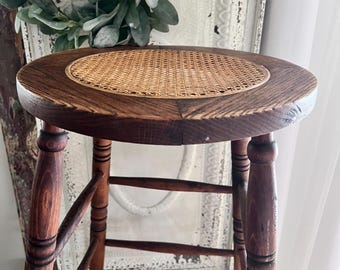 Antique Wooden Stool with Woven Cane Seat
