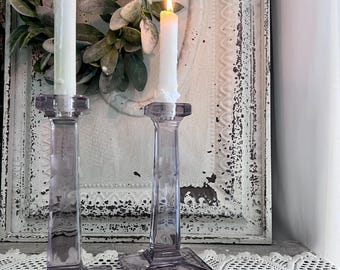 Vintage Lavender Crystal Flower Etched Candle  Sticks