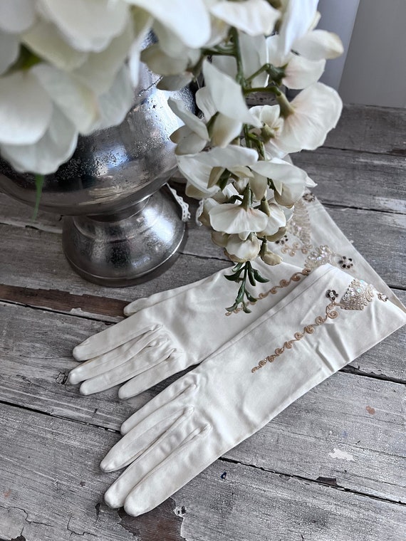 Antique French Embroidered Sequined Gloves - image 1