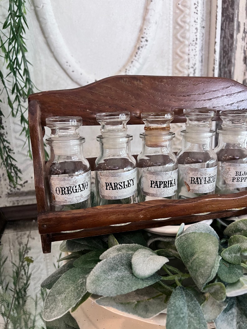 Vintage Spice Rack With Glass Bottle With Stoppers Etsy