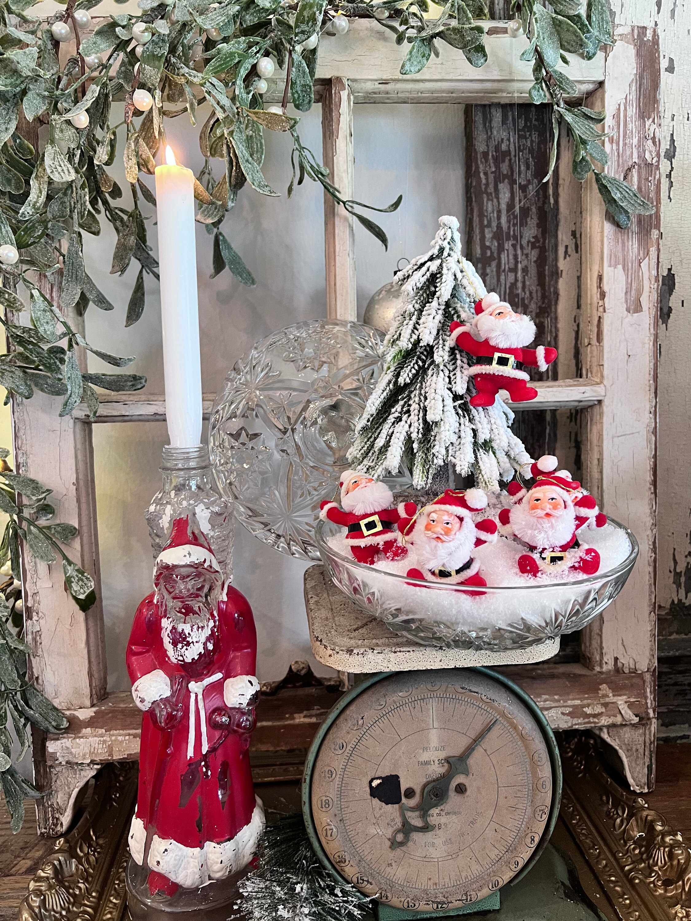 Vintage Flocked Santa Claus Display With Lidded Bowl and Snow. - Etsy