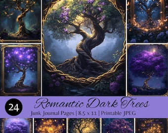 Papier de journal romantique arbres sombres, carnet de notes papier numérique fantaisie pages de journal papier imprimable 8,5 x 11 téléchargement immédiat