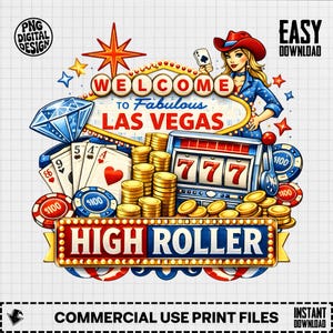 Puede incluir: Diseño digital con temática de Las Vegas. Incluye un letrero de bienvenida, un diamante, naipes, fichas de casino, una máquina tragamonedas con el número 777 y una pancarta de "High Roller". Una mujer con sombrero de vaquero sostiene una carta.
