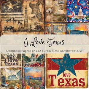 Vintage Texas Themed Digital Scrapbook Seiten, antiker Stil 12 x 12 JPEG, kommerzielle Nutzung, Mixed Media, digitaler Download, Western druckbare