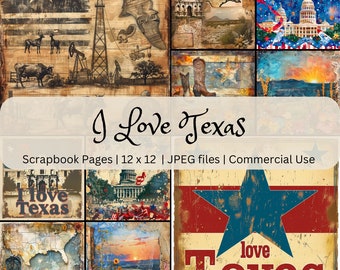 May include: A digital scrapbook paper pack with 12 images featuring a variety of Texas-themed designs, including a red, white, and blue star, a vintage Texas map, and a view of the Texas State Capitol building. The text "I Love Texas" is featured on the paper pack.