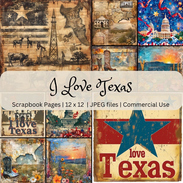 Vintage Texas Themed Digital Scrapbook Pages, Antique Style 12x12 JPEG, Commercial Use , Mixed Media , Digital Download,Western Printable