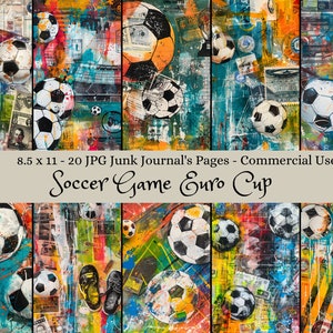 Jogo de futebol Euro Cup Digital Junk Journal Pages, uso comercial 8,5 x 11, arte de colagem esportiva para impressão, download instantâneo