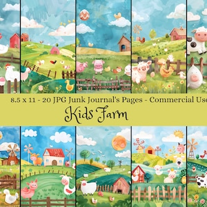 Kids Farm Digital Papers, Cute Animal Printables, Junk Journal Pages, Scrapbooking Backgrounds, Craft Supplies, Commercial Use, 8.5x11