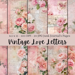 Papel digital Vintage Love Letters, páginas de diario basura floral, 8.5x11, fondos de scrapbooking, hojas de collage imprimibles, suministros de artesanía