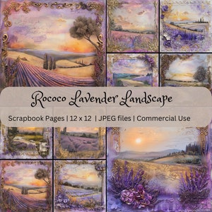 May include: A collage of nine digital scrapbook pages featuring a rococo style lavender landscape. The pages are 12 inches by 12 inches and are available as JPEG files for commercial use.