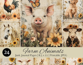 Farm Animals Junk Journal Pages, 8.5 x 11 Printable JPEG, Farm Animal Ephemera, Vintage Style Farm Animals Art, Digital Download