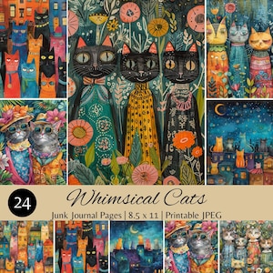 Pages numériques du journal indésirable des chats lunatiques, oeuvre d'art imprimable 8,5 x 11, illustrations de chats colorés, fichiers JPEG téléchargeables, pages de scrapbooking