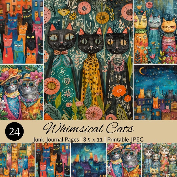 Whimsical Cats Junk Journal Digital Pages, Printable Artwork 8.5x11, Colorful Cat Illustrations, Downloadable JPEG Files,Scrapbook Pages