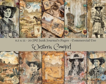 May include: A digital collage sheet with 20 images in a vintage style featuring a Western theme. The images include a cowgirl, boots, cacti, and landscapes. The text "8.5 x 11 - 20 JPG Junk Journal's Pages - Commercial Use Western Cowgirl" is at the top of the collage.