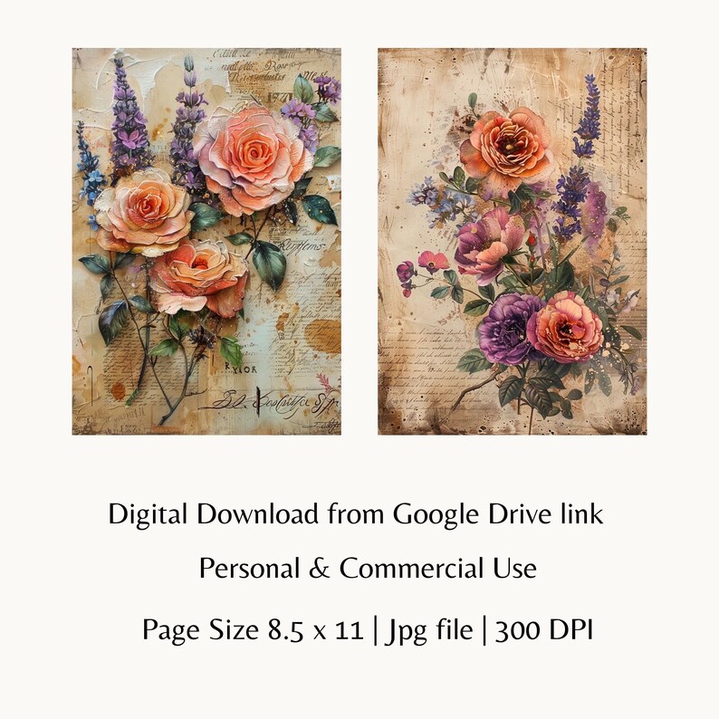 Vintage Floral Junk Journal Pages, Printable Antique Rose Ephemera, 8 ...
