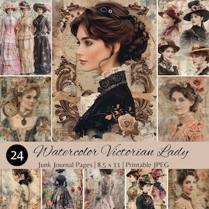 Aquarelle victorienne Lady Junk Journal Pages imprimables, téléchargement numérique pour cartes vintage et feuilles de collage, pages de scrapbooking