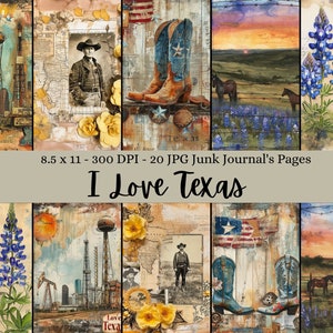 May include: Twenty digital collage sheets featuring images of Texas, including bluebonnets, cowboy boots, and the Dallas skyline. The sheets are 8.5 inches by 11 inches and 300 DPI.