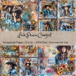 Cowgirl Digitale Seiten 12x12, JPEG-Dateien im Western-Stil, Vintage Collage Sheets für kommerzielle Nutzung, Digitales Papier