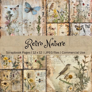 paquet de papier numérique botanique vintage, pages de scrapbooking nature rétro, arrière-plans imprimables 12 x 12, travaux manuels et usage commercial, téléchargement JPEG