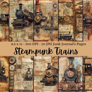 Steampunk entrena hojas de collage digital, arte imprimible de locomotora vintage, papel de scrapbooking, suministros de diario basura, 8.5x11 JPG