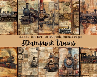 May include: A digital collage of 20 steampunk train images, perfect for junk journaling. The images are in a variety of styles, with some featuring intricate details and others with a more rustic look. The images are all in a warm color palette, with browns, oranges, and yellows dominating. The text "Steampunk Trains" is featured in the center of the collage.