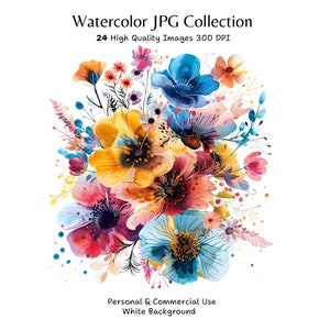 24 clipart de flores diversas, impressão de flores, clipart em aquarela para impressão, JPGs de alta qualidade, download digital, artesanato em papel, diários indesejados