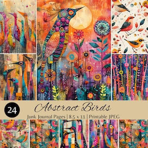 Arte abstracto de aves, páginas de diario basura imprimibles, descarga digital, 8,5 x 11 pulgadas, ilustraciones de aves coloridas, páginas de álbumes de recortes, uso comercial