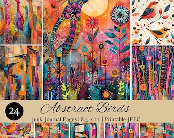 Abstracte vogels kunst, afdrukbare ongewenste dagboekpagina's, digitale download, 8,5 x 11 inch, kleurrijke vogelillustraties, plakboekpagina's, commercieel gebruik