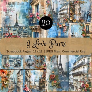 Paris Scrapbook Seiten Digital Download, 20 Pariser Vintage Art Prints, 12x12 Zoll JPEG, Printable French Decor, Liebe in Paris, Floral