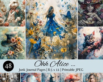 May include: A set of 8.5 x 11 inch printable junk journal pages featuring whimsical illustrations from Alice in Wonderland. The pages include images of Alice, the Mad Hatter, the Cheshire Cat, and other characters from the story. The pages are perfect for adding a touch of whimsy to your journal or scrapbook.
