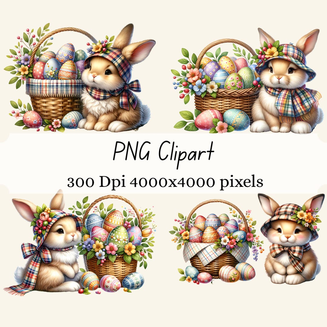 Easter Bunny Clip Art PNG, Cute Bunny Illustration, Easter Eggs Basket ...