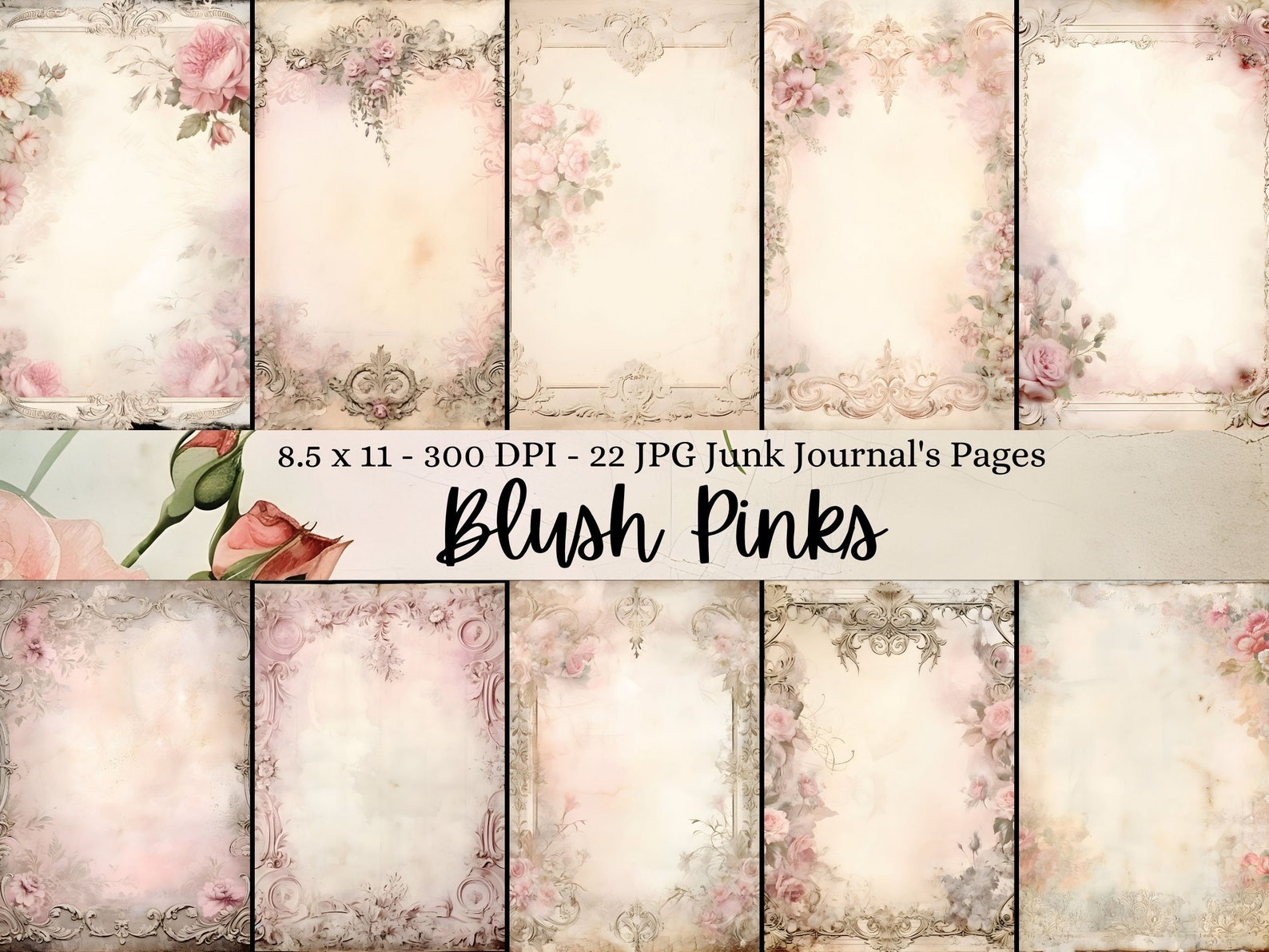 Vintage Floral Digital Paper Pack, Blush Pink Junk Journal Pages ...