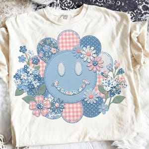 Digital Patchwork Smiley Face PNG, Blue Pink Floral Flower Design, Gingham Daisy Art, Whimsical Craft Graphic, Sublimation Download