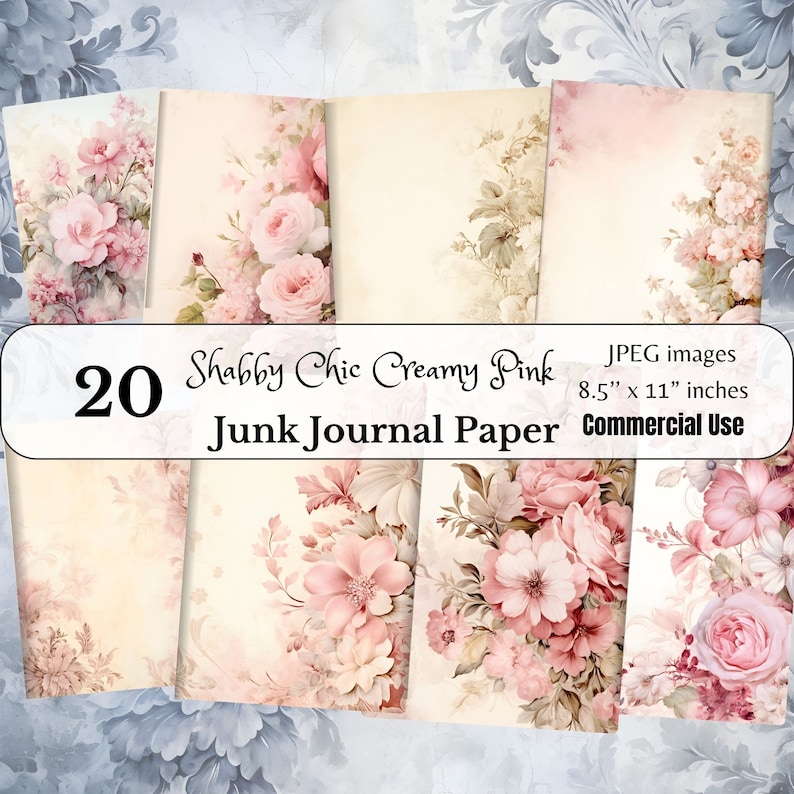 20 Shabby Chic Creamy Pink Floral Junk Journal Digital Papers, Vintage ...