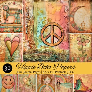 Vintage Hippie Boho Digital Papers, Diario basura imprimible, Amor de paz, Scrapbooking 8.5x11, Descarga digital, Páginas hippie